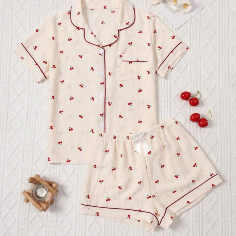 Cherry Print Cream Pajama Set